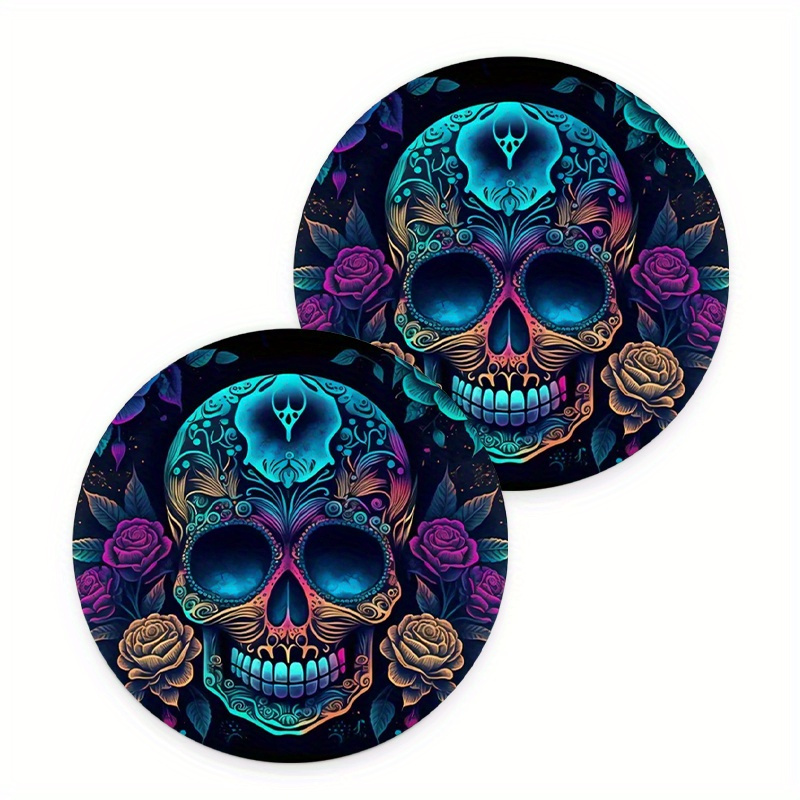 Image of 2pcs Anti-slip Head Car Cup Holder Coaster With Purple And Coffee Roses Design - Shockproof And Universal Fashion Accessory For Your Vehicle - Perfect Halloween Gift