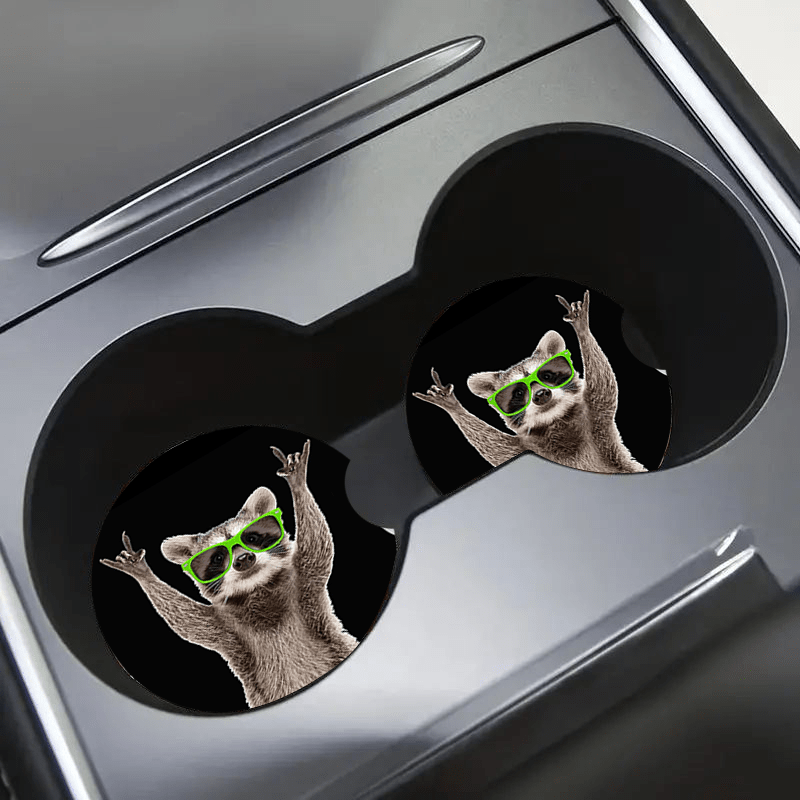 2-pack Raccoon Print Absorbent Car Cup Holder Coasters With Easy-removal Finger