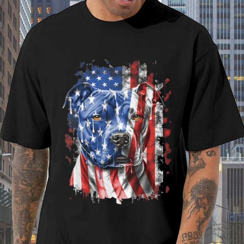 

Dogs And Flag Print, Men's Cotton Short-sleeve Pullover T-shirt