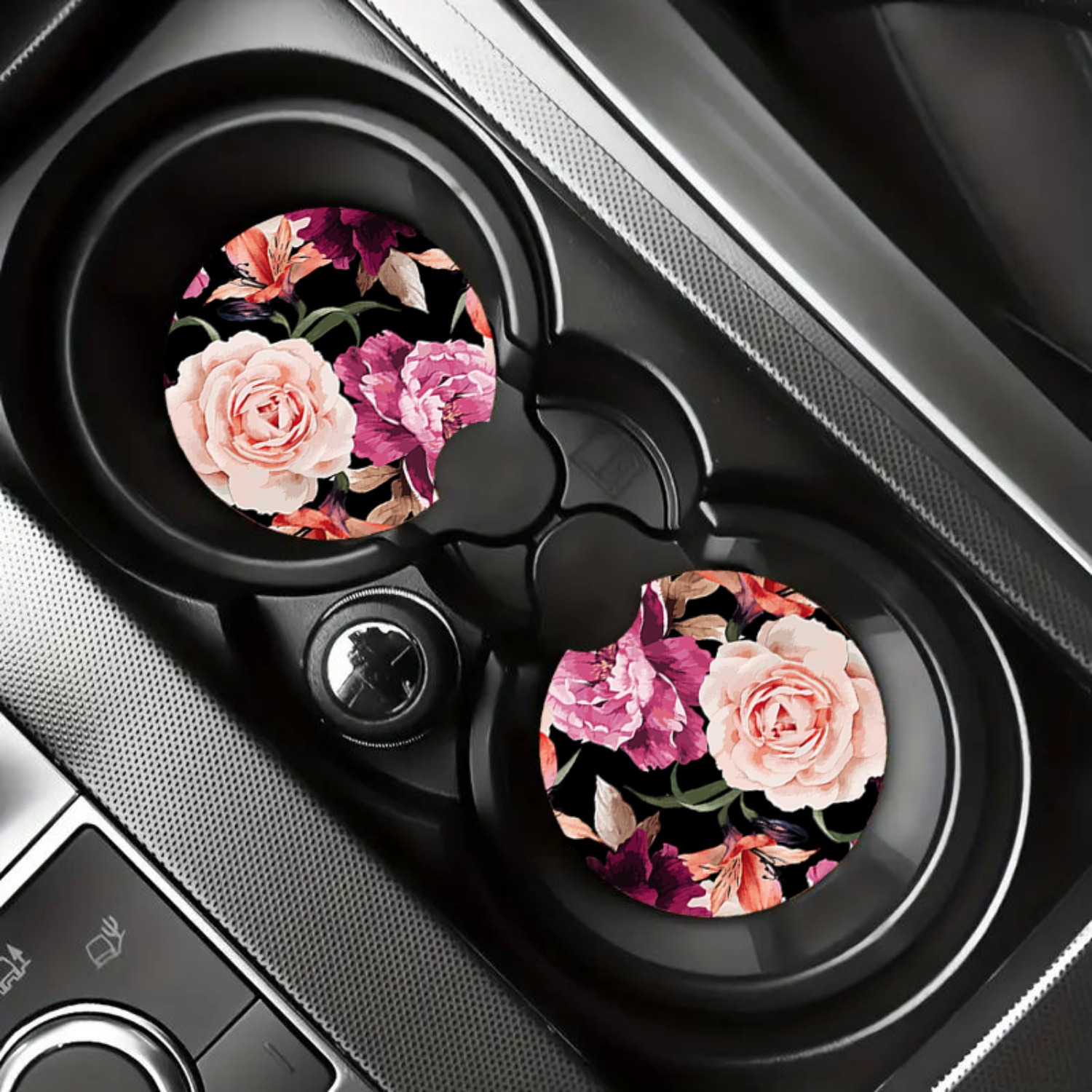 

2 Pack Car Coasters With Finger Notch - Eva Material, Purple Floral Design, Absorbent Coasters For Vehicle Cup Holders