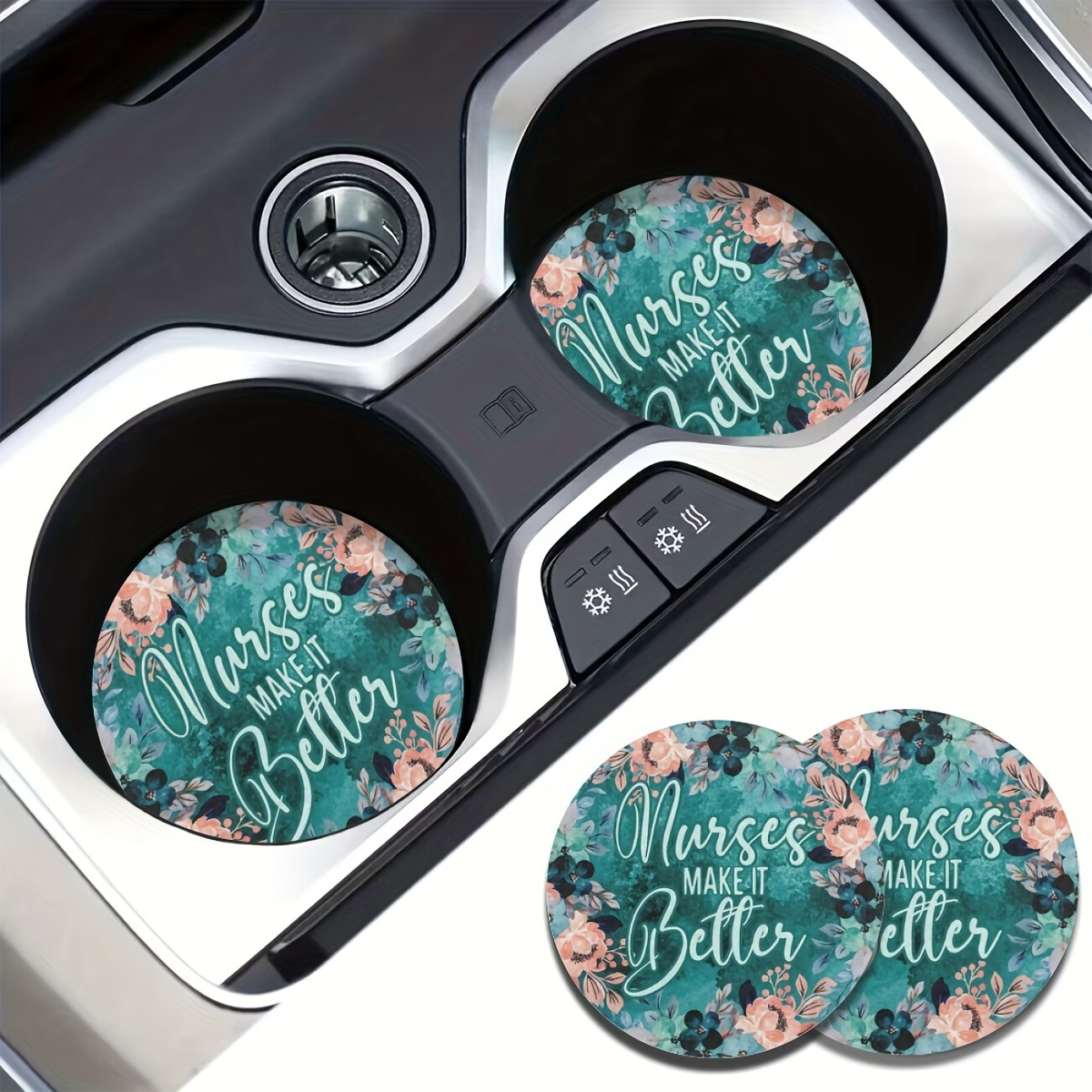 

2-pack Eva Absorbent Car Coasters - Nurses Make It Better Floral Design, Non-slip Rubber Cup Holder Mats For Vehicles, Universal Fit Accessories