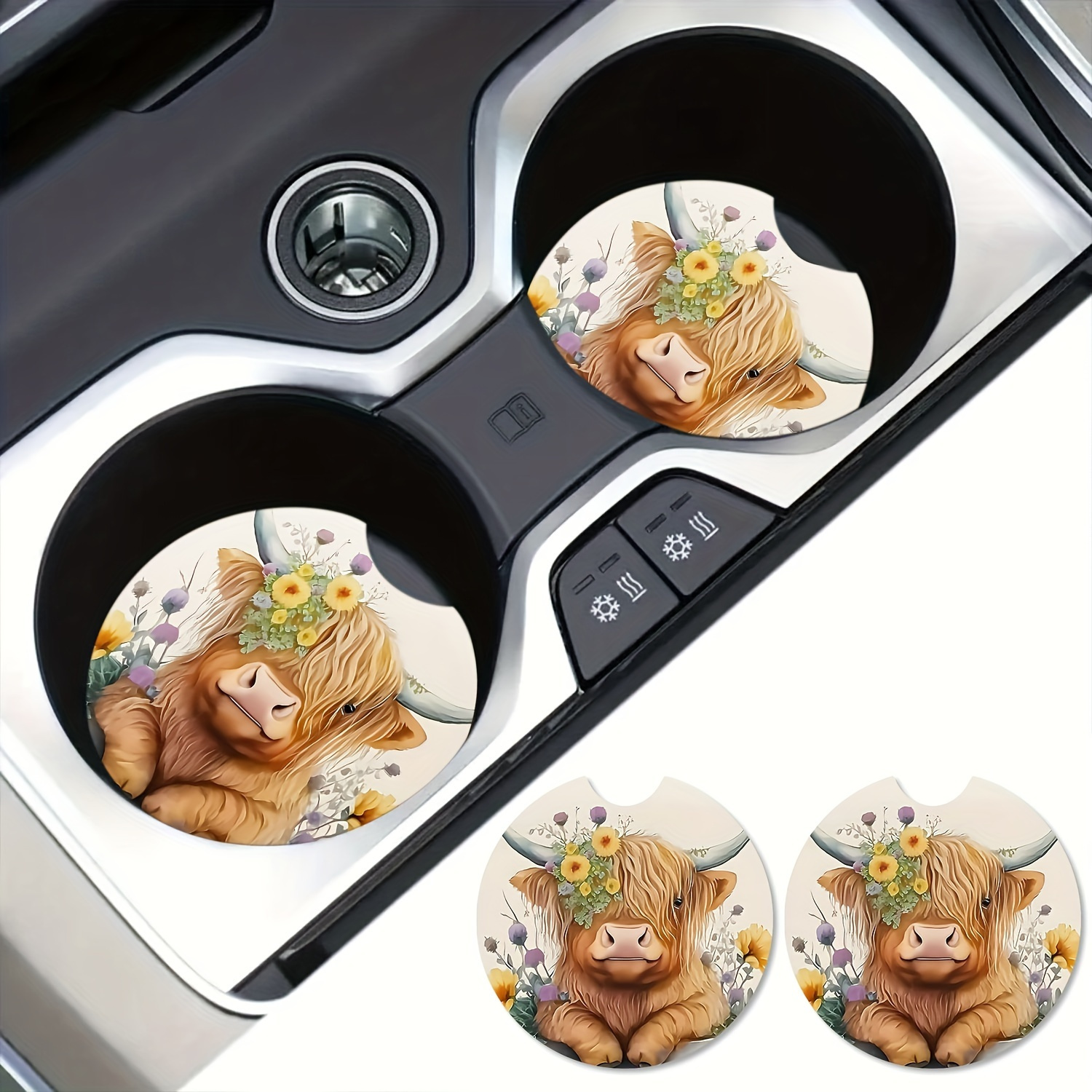 

2-pack Absorbent Eva Car Cup Holder Coasters - Non-slip Highland Cow And Floral Design, Vehicle Beverage Pad Accessories