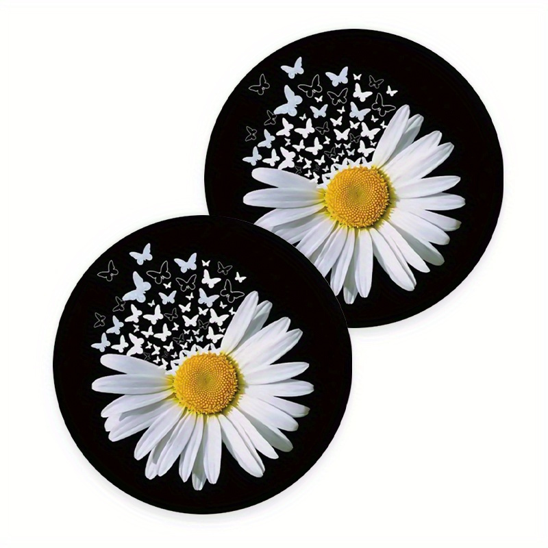 2pcs/pack White Daisy Pattern Car Coaster, Circular Eva Desk Water Cup Coaster, Party Gifts, Car Cup Holder Decoration, Festival Gift