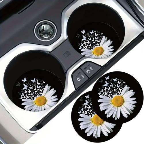 2pcs pack white daisy pattern car coaster circular eva desk water cup coaster party gifts car cup holder decoration festival gift
