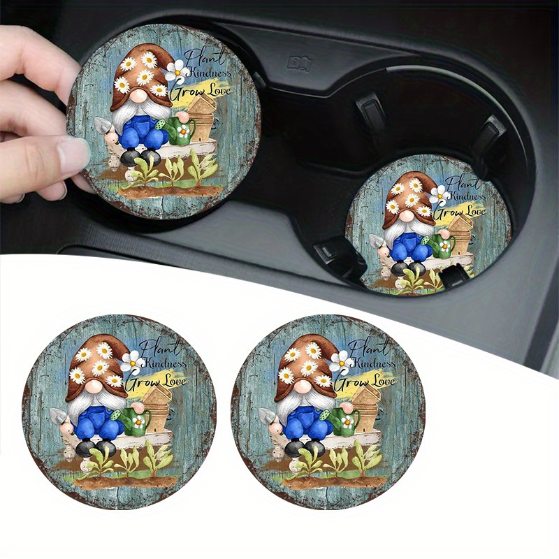 

2-pack Eva Car Coasters With Daisy Gnome Design - Absorbent Cup Holder Liners For Vehicle Accessories, Spring Theme Interior Decor, Ideal Party Favor