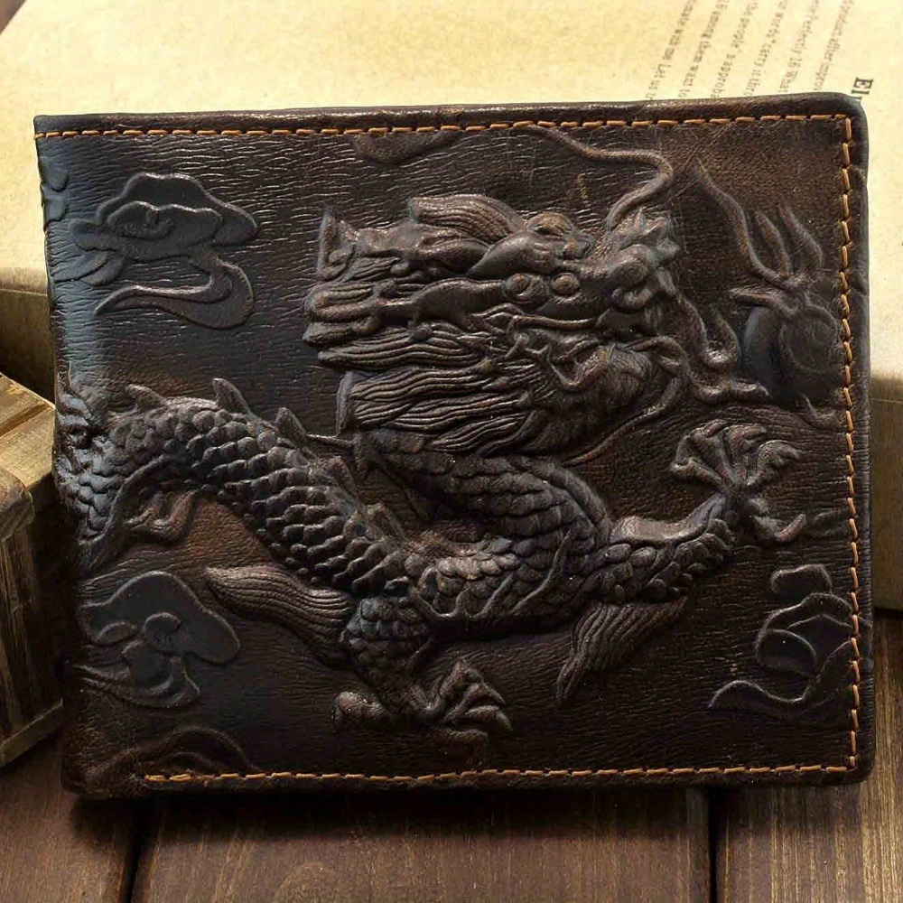 

Vintage Dragon Genuine Leather Bifold Slim Card Holder Money Clip Wallet Purse