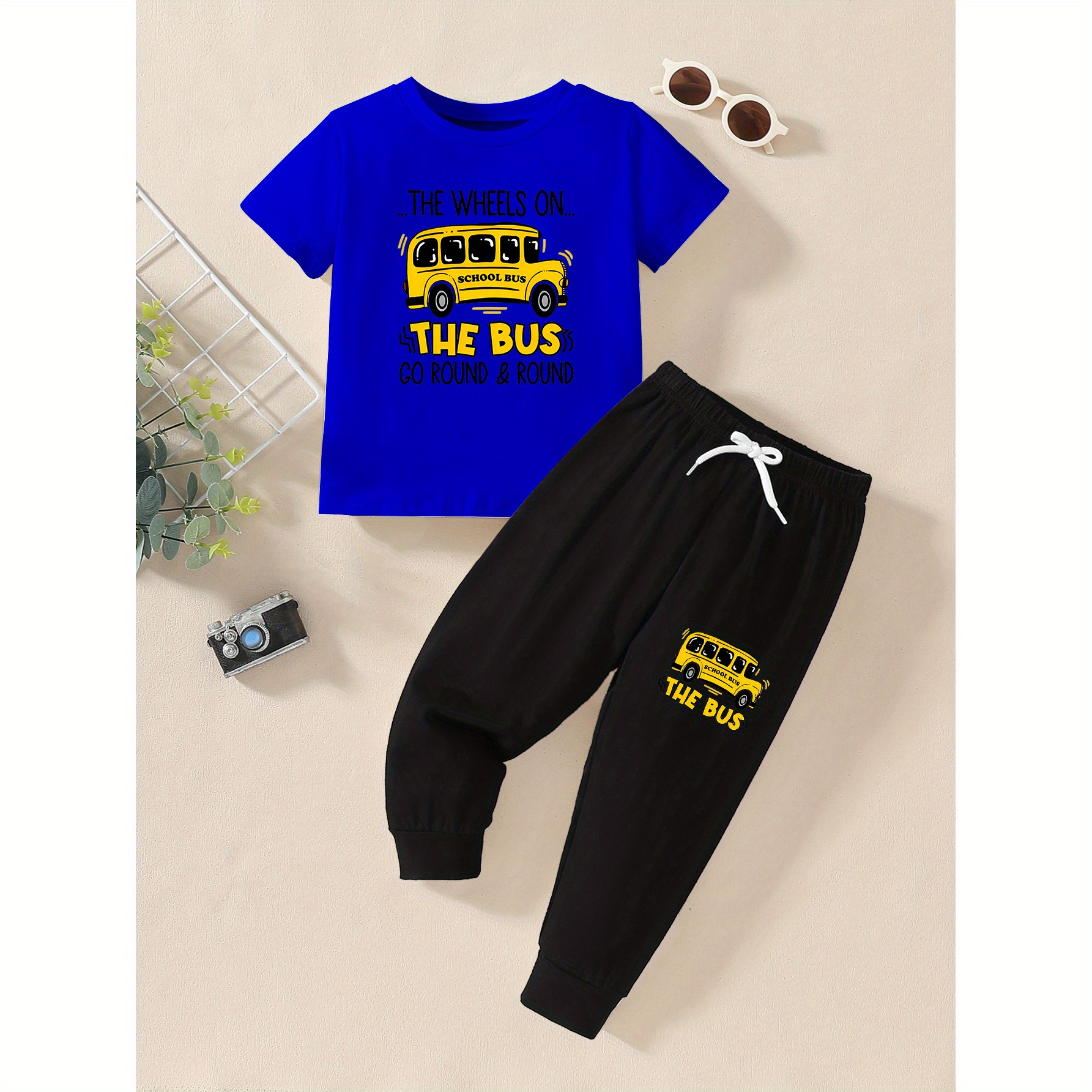 

Cartoon Yellow School Bus Print, Baby Boy's Casual Comfy Short Sleeve Round Neck T-shirt & Versatile Sweatpants, Ideal For Daily And Outdoor Wear