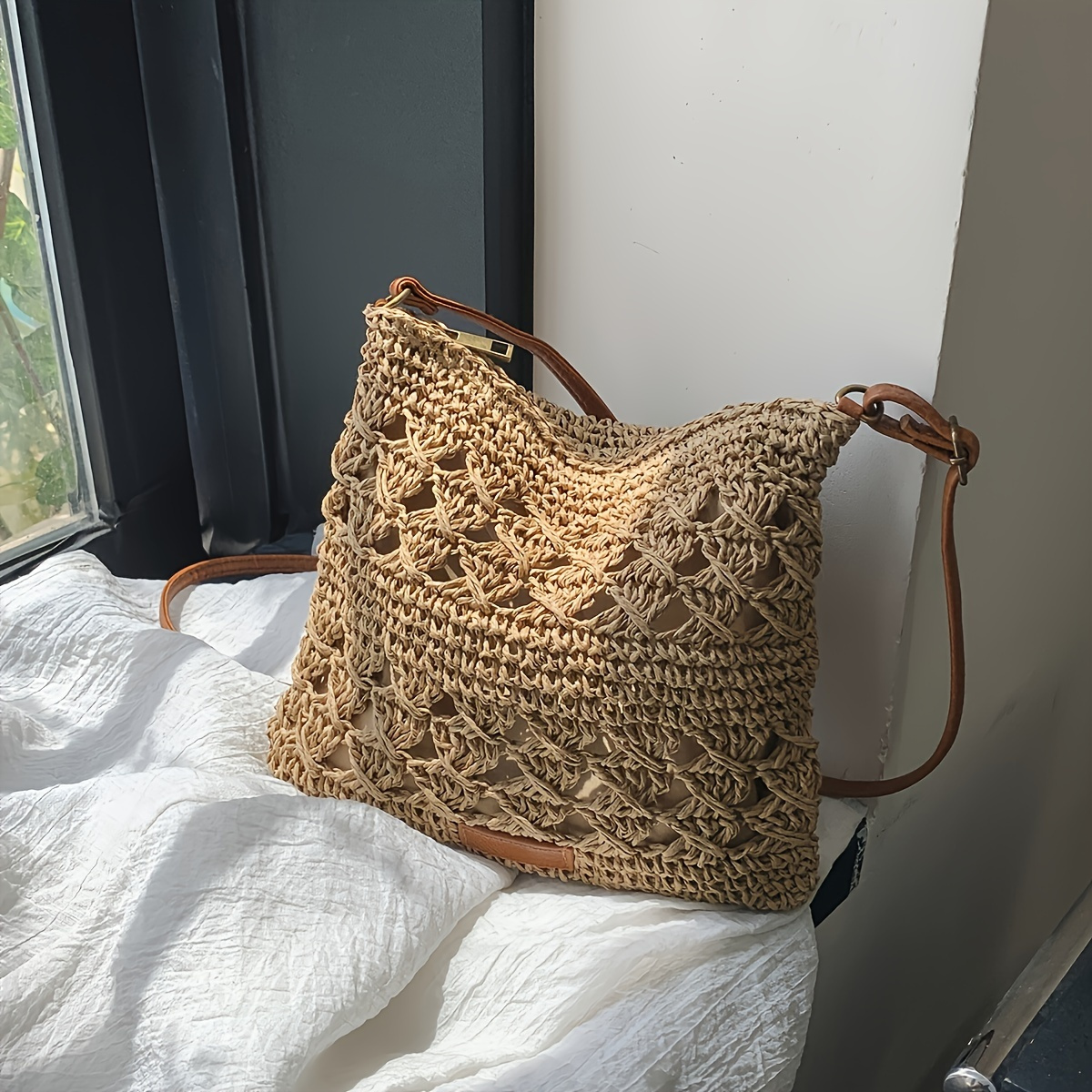 

Sac à bandoulière en paille chic - Couleur unie, fermeture à glissière, doublure en polyester, sac messager pour estivales et