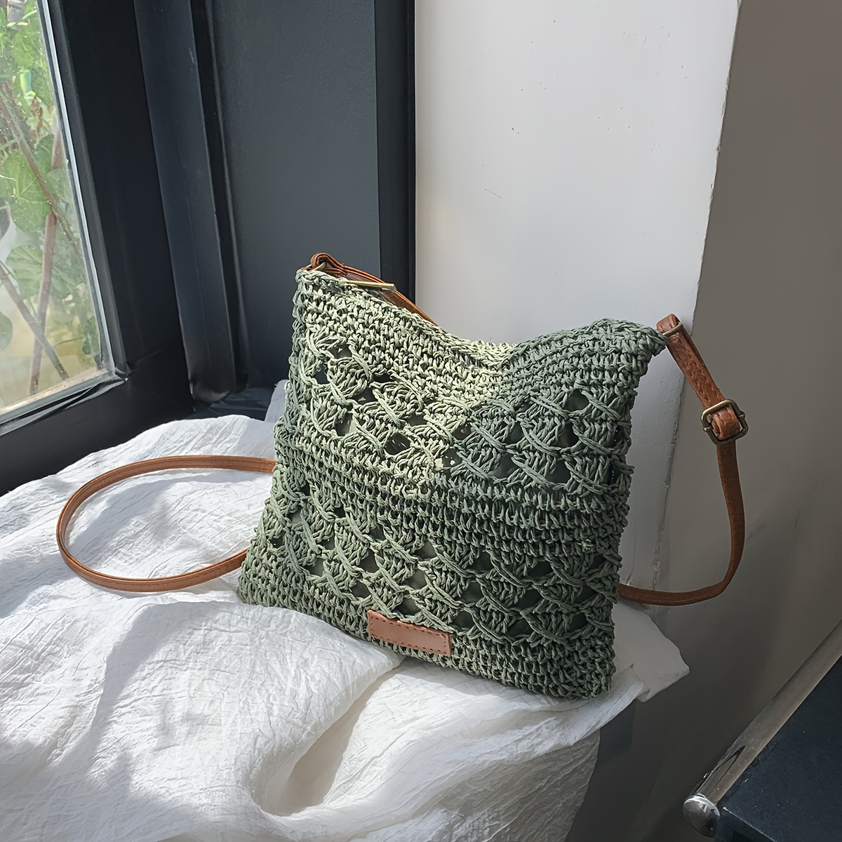 TEMU 1pc Crochet Cotton Crossbody Bag For Women - Summer Shoulder Purse With Zip Closure, Lined, Hand Washable, , Fashionable Beach & Casual Accessory