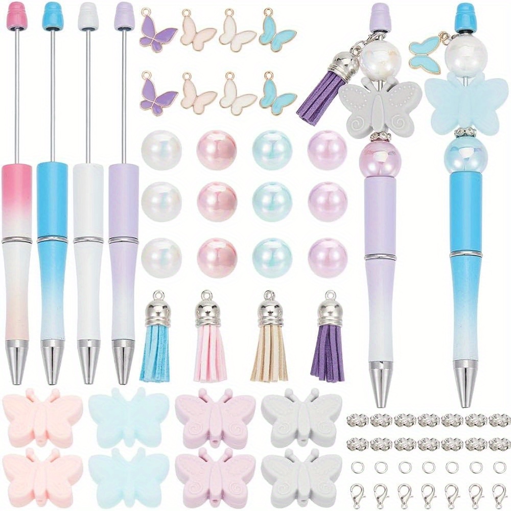 

[4pcs Diy Butterfly Bead Pen Making Kit] 38pcs Butterfly Bead Pen Making Kit, Plastic Beads, Charms & Pens, Creative Gift Set, With For Teachers, Students, Nurses, Office & School Supplies