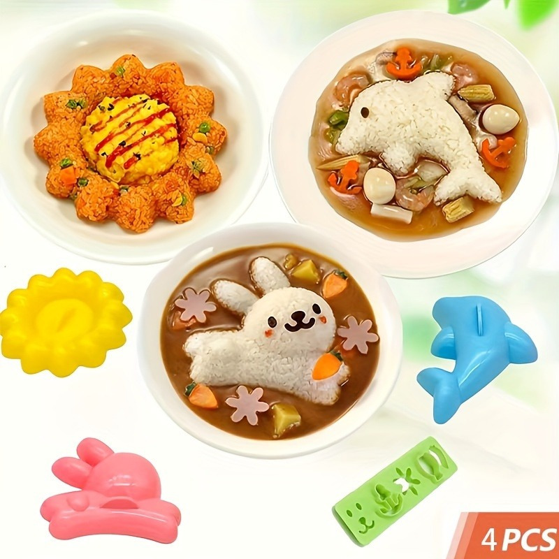 4pcs cute animal shaped rice ball mold set perfect for diy bento boxes sushi making durable pp material easy to clean details 0