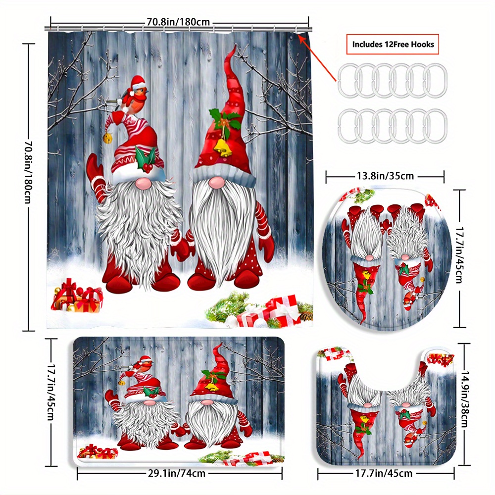 TEMU 4pcs Christmas Dwarf Curtain Shower Curtain Decoration, Beautiful Housewarming Gift Decoration, Waterproof Shower Curtain And Toilet Floor Mat Three-piece Set Comes With 12 Shower Curtain Hooks