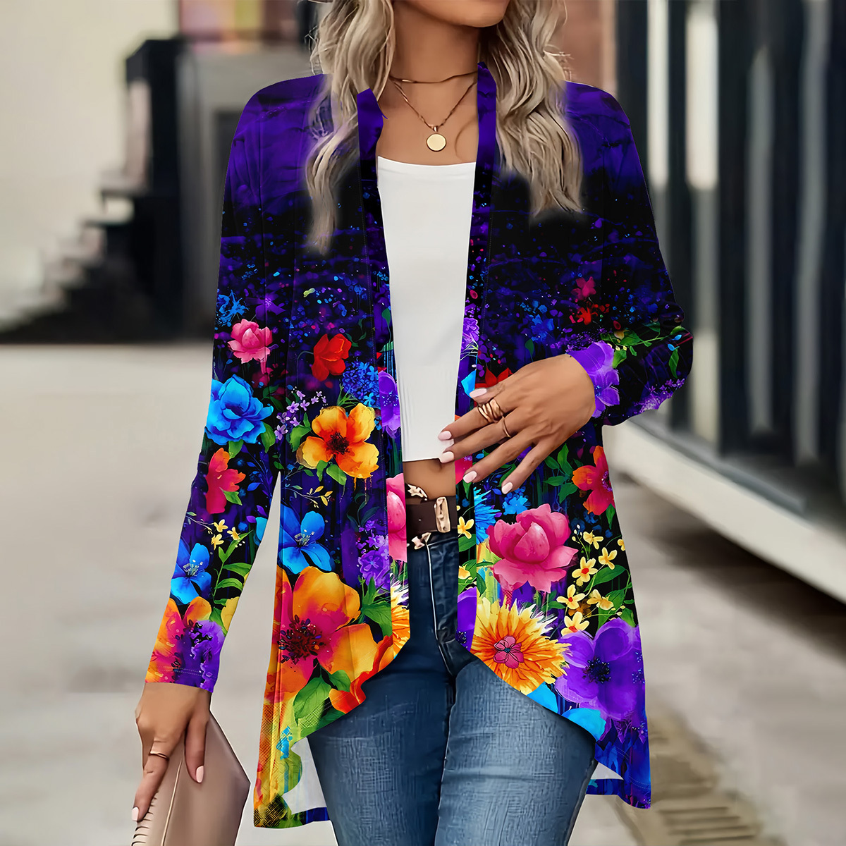 

1pc Women's Floral Print Long Sleeve Cardigan - Casual Oversized Knit Polyester Cardigan With Cardigan Collar For Fall/winter - Print Long Length Outerwear