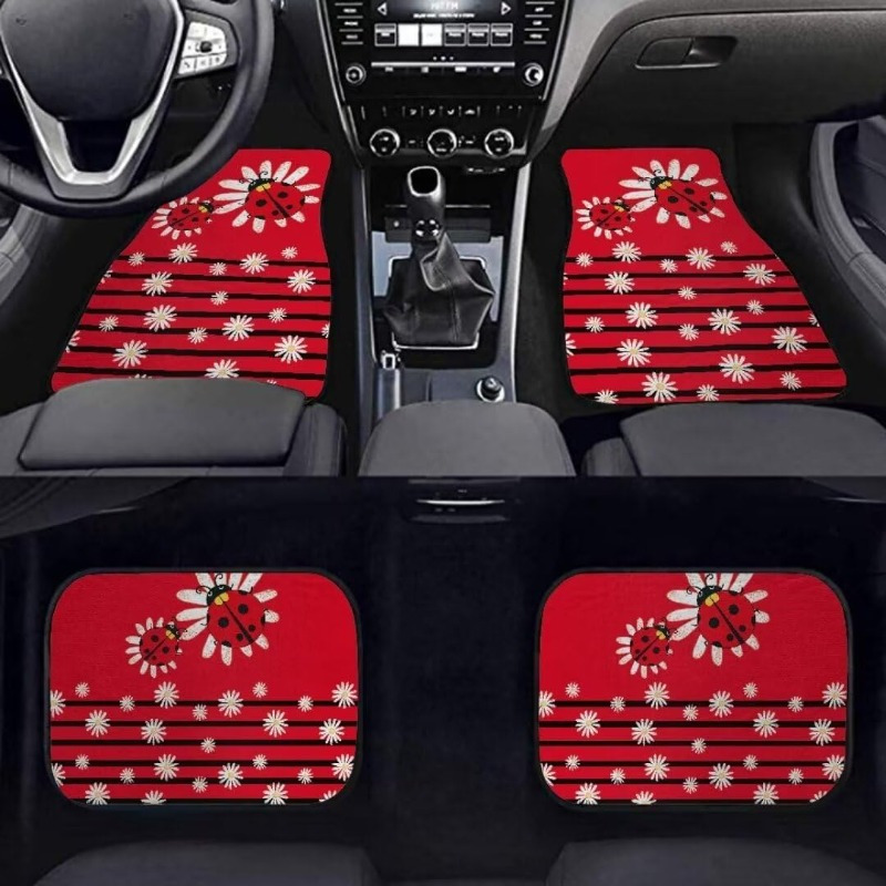 

4pcs Car Floor Mats Red Daisy Pattern Car Floor Mats Anti-slip And Anti-stain Suitable For Most Cars Front And Rear Seat Carpets Car Interior Protection Car Floor Mats