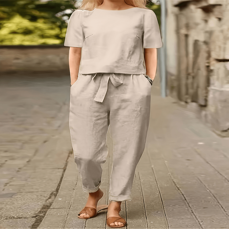 

Elegant Solid Color Pants Set, Crew Neck Short Sleeve Blouse & Belted Pockets Simple Pants, Women's Clothing