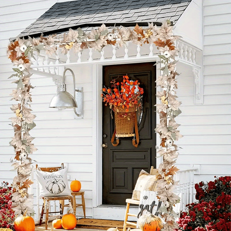 

Autumn Harvest Artificial Maple Leaves Pumpkin Berry Garland, 1pc Classic Fall Wreath For Front Door Outdoor Decor, No-electricity Farmhouse Wedding Party Christmas Halloween Vine Hanging Decoration