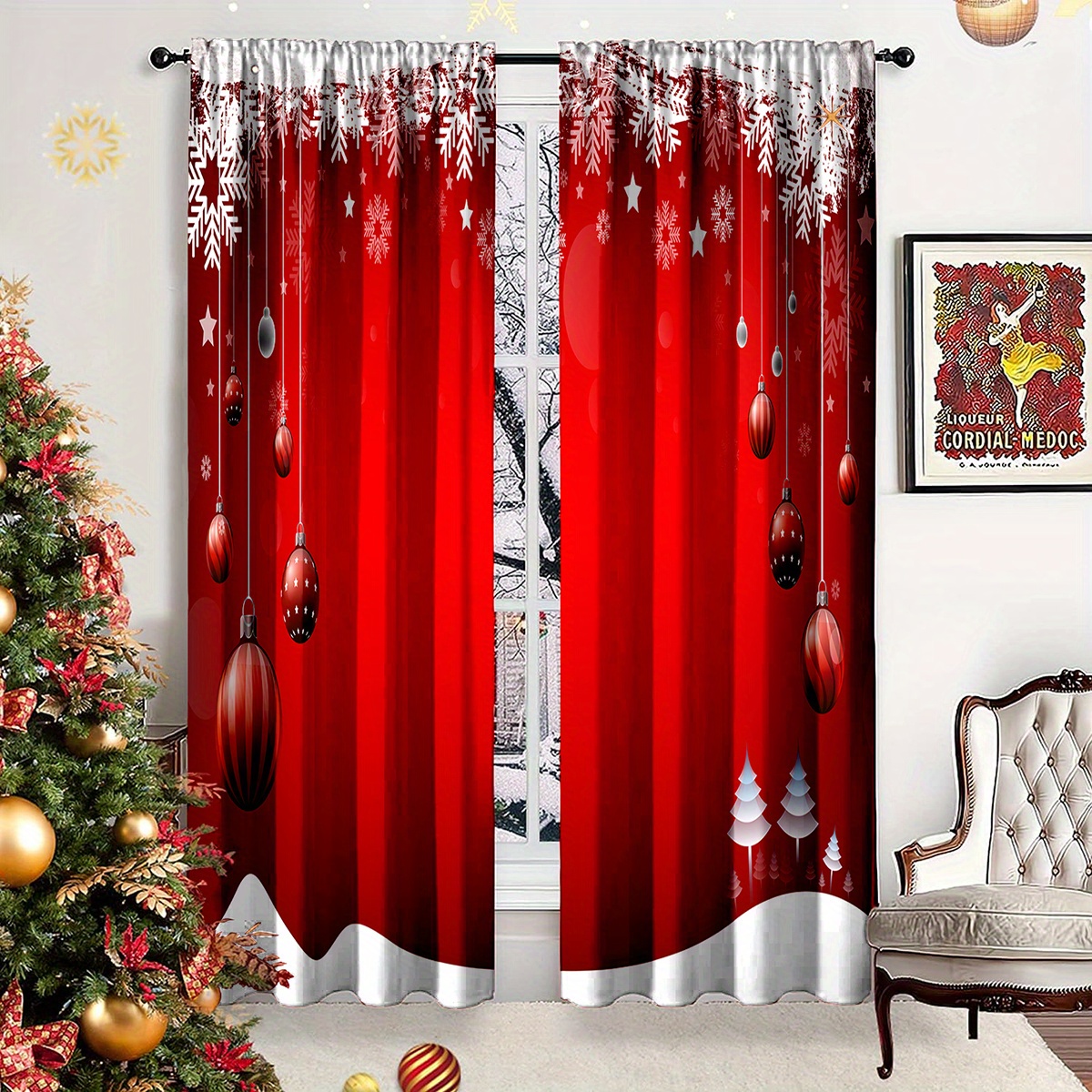 

2pcs Festive Christmas & New Year Door Curtains Set - Machine Washable, With Tieback - Bedroom, Living Room, And Office Decor