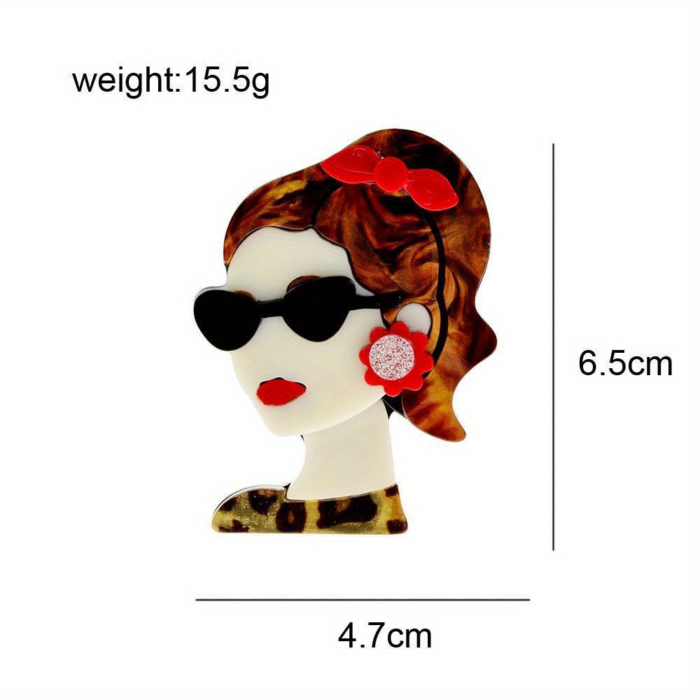 acrylic ponytail girl brooch fashionable acetate pin with glasses and earrings design trendy accessory for clothing and bags details 0