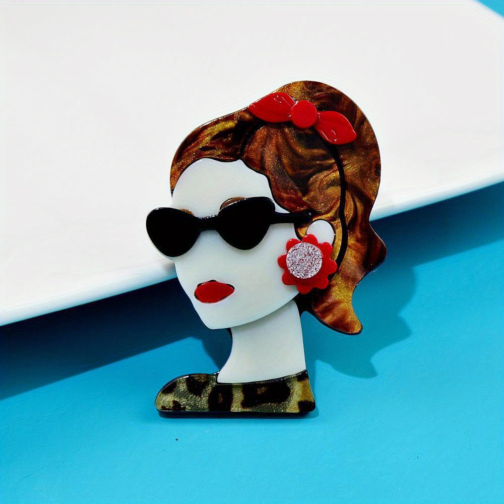 acrylic ponytail girl brooch fashionable acetate pin with glasses and earrings design trendy accessory for clothing and bags details 1