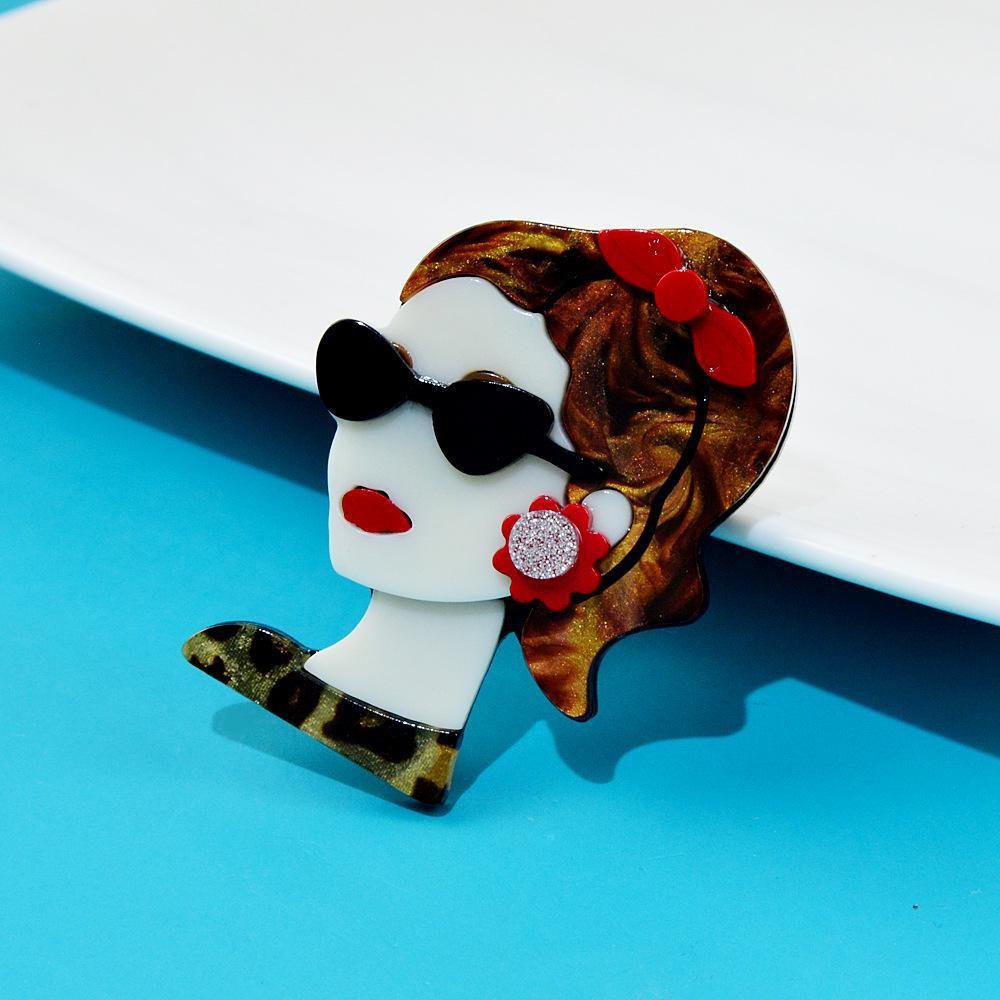 acrylic ponytail girl brooch fashionable acetate pin with glasses and earrings design trendy accessory for clothing and bags details 3