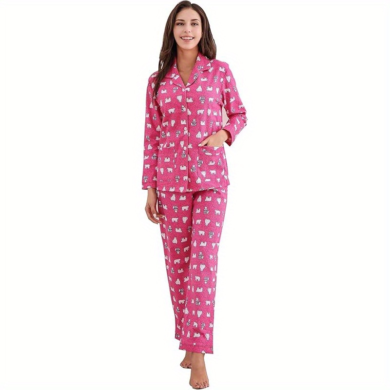 

Women Allover Print Flannel Pajama Set For Fall & Winter - Long Sleeve Buttons Lapel Top & Elastic Pants