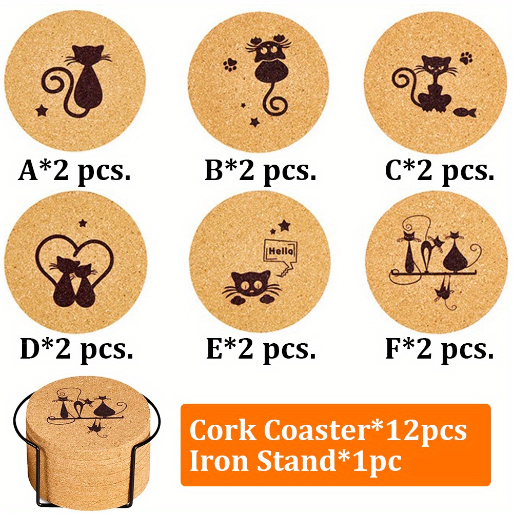 TEMU 12pcs/ Set Cat Insulated Coasters With Iron Stand, Cork Coasters, Brown Coasters, Vintage Round Coasters, Anti-slip And Non-scald Tea Coasters