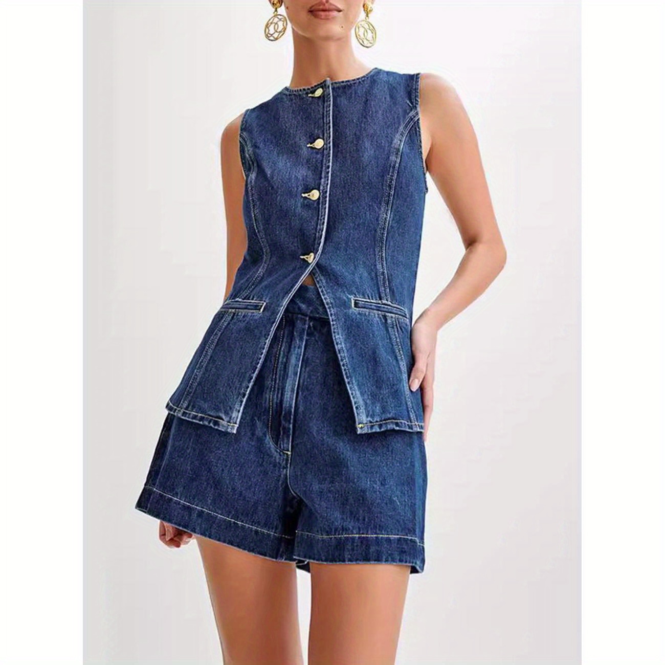 

Womens Denim Long Vest Waistcoat Vest Sleeveless Button-up Back Slit Jean Jacket Vest Y2k Clothes