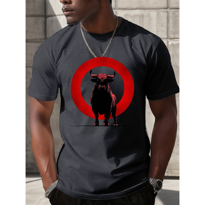 

Men's Bull Print T-shirt - Casual Short Sleeve, Breathable Polyester, Summer Fashion Tee