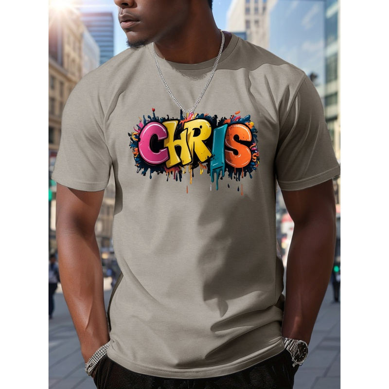 

Graffiti Chris Print T-shirt, Men's Casual Short Sleeve Tee, Geometric Round Neck, Summer Wear, Polyester