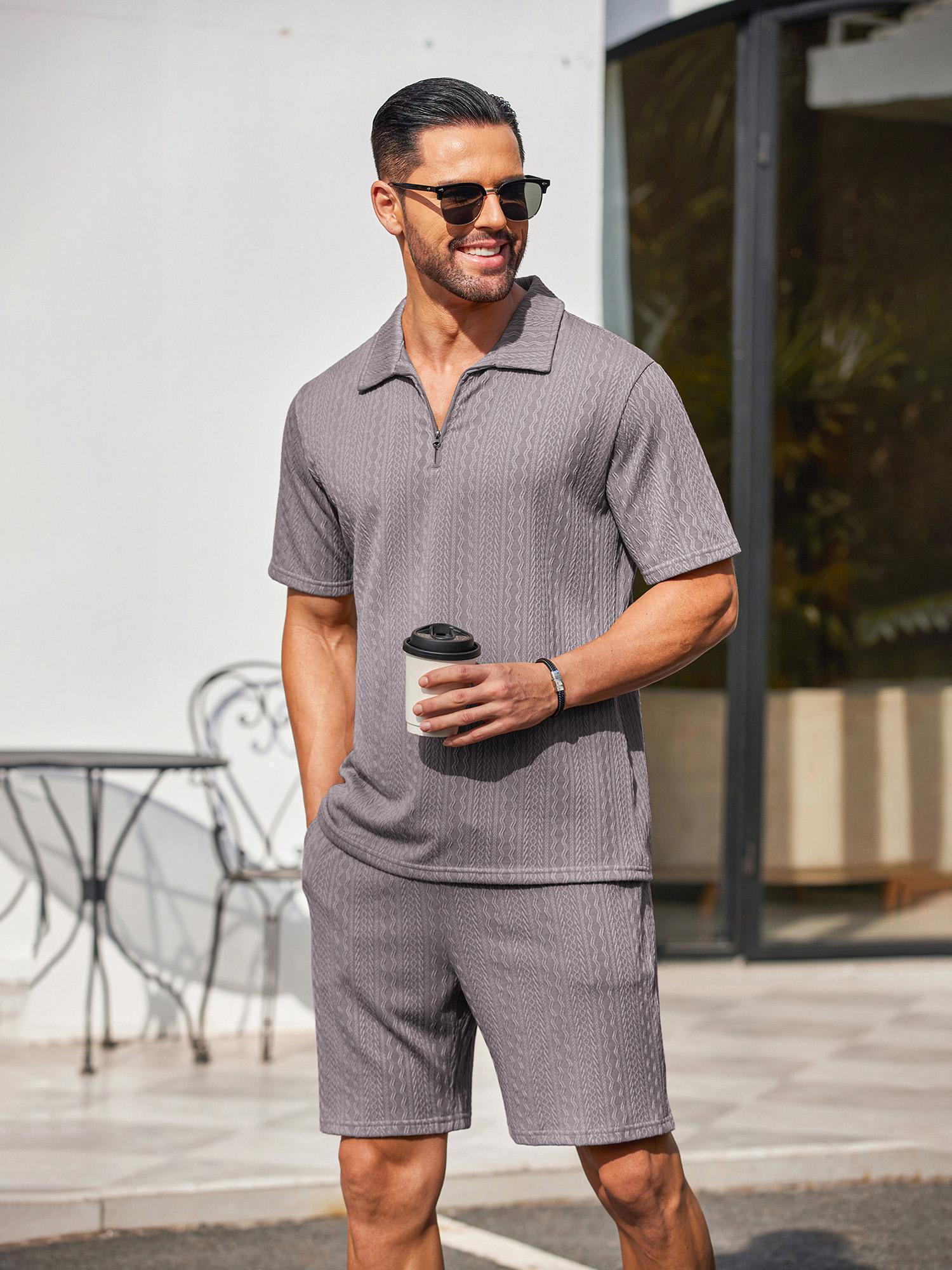 men's outfits casual quarter zip shirt shorts set athletic