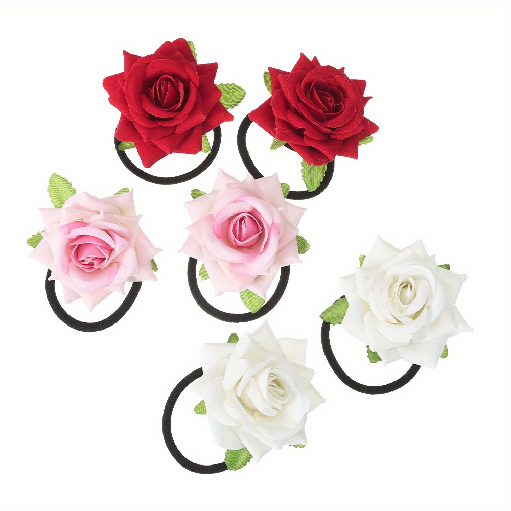 TEMU 6pcs White Rose Flower Hair Rope Flower Elastics Hair Ties Ropes Stretchy Rubber Hair Scrunchies Bands Ponytail Holders For Women