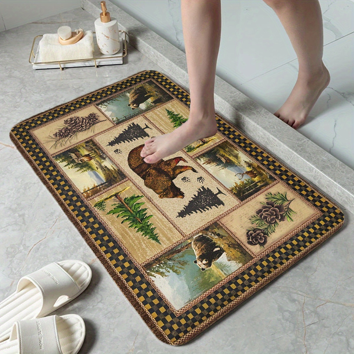 rustic wildlife and pine tree print non slip bath mat 1cm thick polyester flannel memory foam quick dry absorbent bathroom rug with antislip backing machine washable christmas ready Product details 0