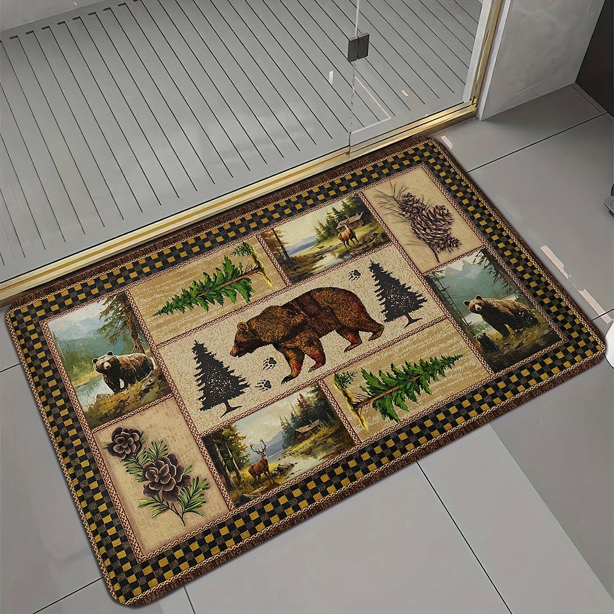 rustic wildlife and pine tree print non slip bath mat 1cm thick polyester flannel memory foam quick dry absorbent bathroom rug with antislip backing machine washable christmas ready Product details 1