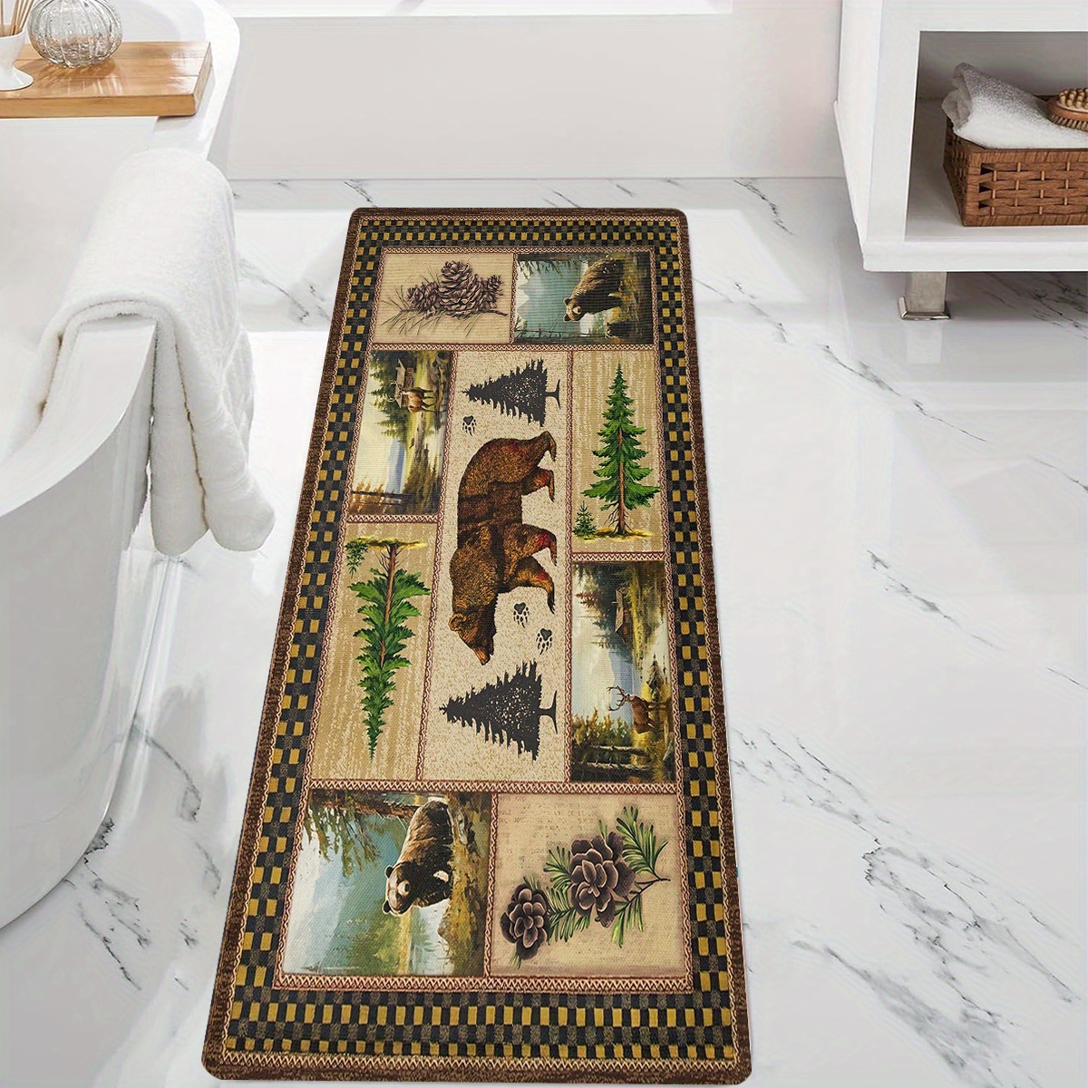 rustic wildlife and pine tree print non slip bath mat 1cm thick polyester flannel memory foam quick dry absorbent bathroom rug with antislip backing machine washable christmas ready Product details 3