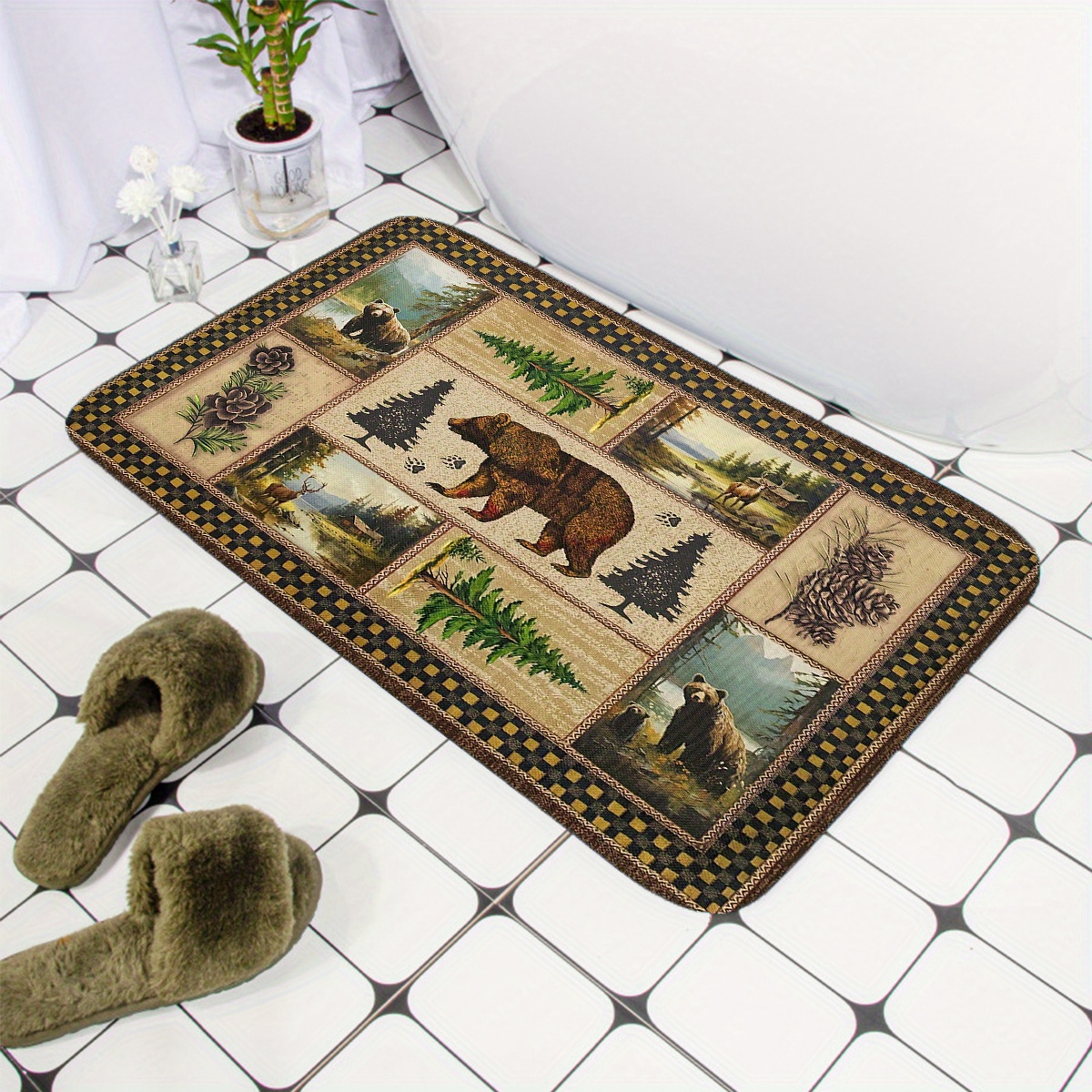 rustic wildlife and pine tree print non slip bath mat 1cm thick polyester flannel memory foam quick dry absorbent bathroom rug with antislip backing machine washable christmas ready Product details 5
