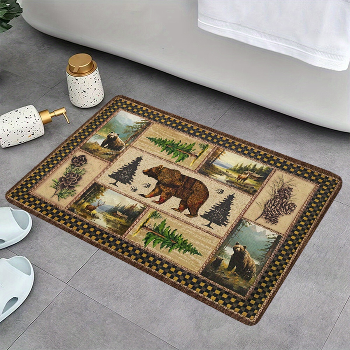rustic wildlife and pine tree print non slip bath mat 1cm thick polyester flannel memory foam quick dry absorbent bathroom rug with antislip backing machine washable christmas ready Product details 6