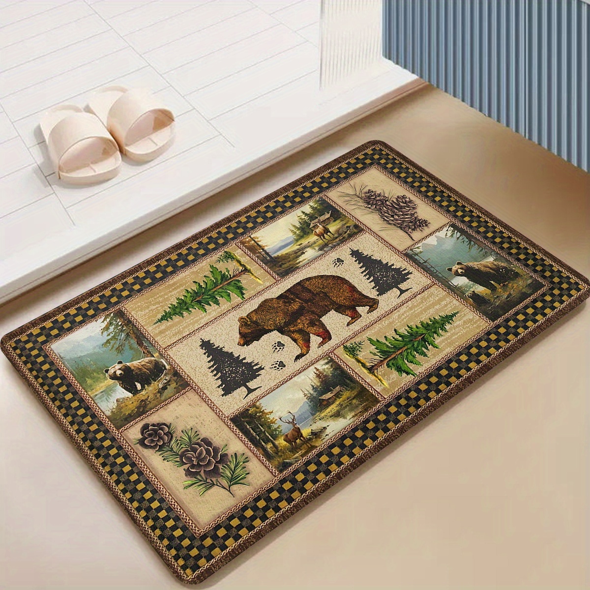 rustic wildlife and pine tree print non slip bath mat 1cm thick polyester flannel memory foam quick dry absorbent bathroom rug with antislip backing machine washable christmas ready Product details 7
