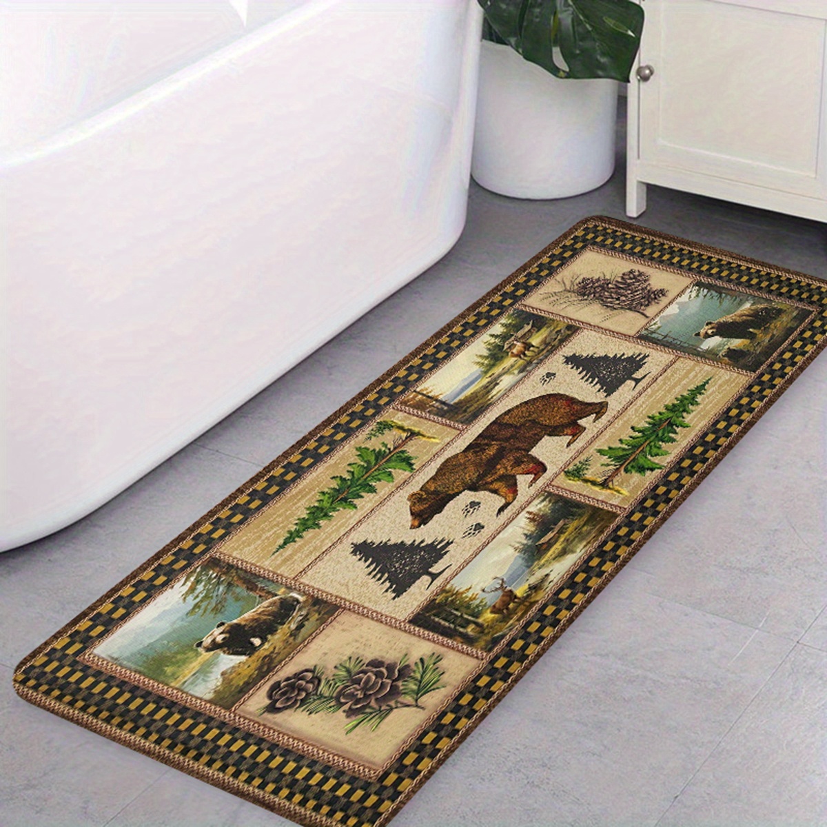 rustic wildlife and pine tree print non slip bath mat 1cm thick polyester flannel memory foam quick dry absorbent bathroom rug with antislip backing machine washable christmas ready Product details 8