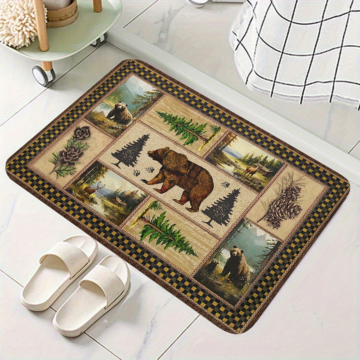 rustic wildlife and pine tree print non slip bath mat 1cm thick polyester flannel memory foam quick dry absorbent bathroom rug with antislip backing machine washable christmas ready Product details 10