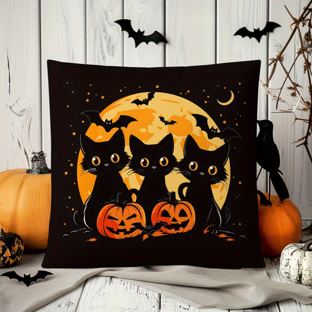 

Cute Halloween Black Cat Pillow: Full Moon, Bats, Jack-o'-lanterns, 17in X 17in, Short Plush Cover, Suitable For Living Room, Sofa, And Bedroom, No Pillow Core Included