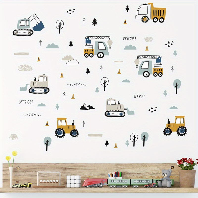 Image of Set Of 3 Removable Wall Stickers Featuring A Watercolor Cartoon Truck, Tree, And Excavator, Perfect For Decorating Bedrooms, Living Rooms, , Or As A Gift For Bedside Decor