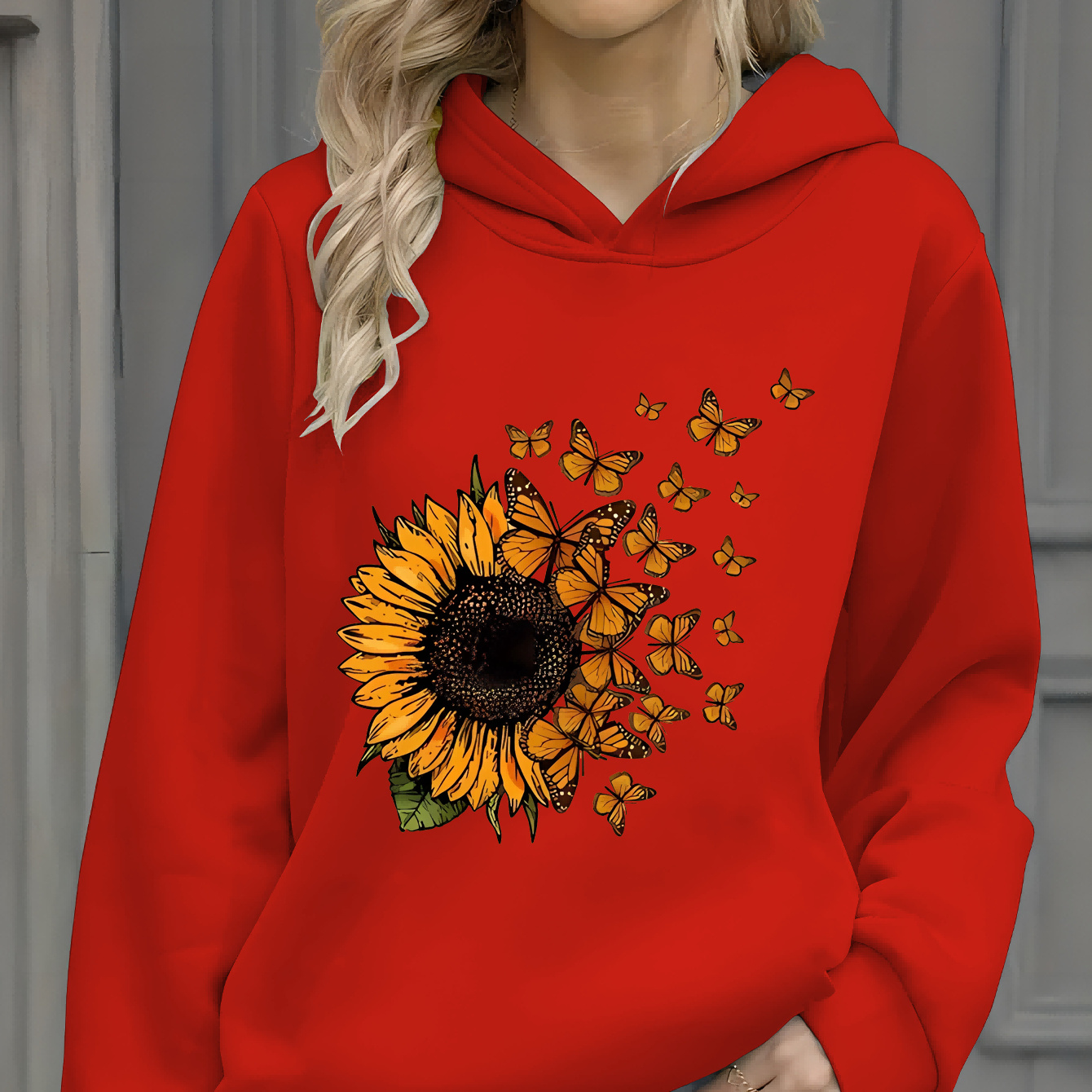 

Sunflower & Butterfly Print Pullover Hoodie, Casual Long Sleeve Sweatshirt For Fall & Winter, Women's Clothing