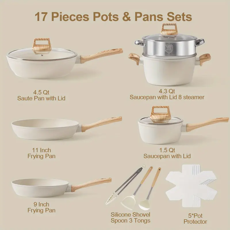 17 piece nonstick cookware set durable aluminum pots pans with frying sauce and steamer pans includes silicone spatula ladle tongs pot holder kitchen essentials white pots and pans cookware sets pots for cooking details 0