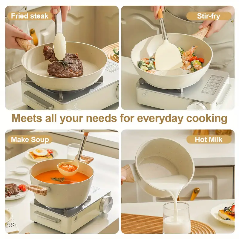 17 piece nonstick cookware set durable aluminum pots pans with frying sauce and steamer pans includes silicone spatula ladle tongs pot holder kitchen essentials white pots and pans cookware sets pots for cooking details 2