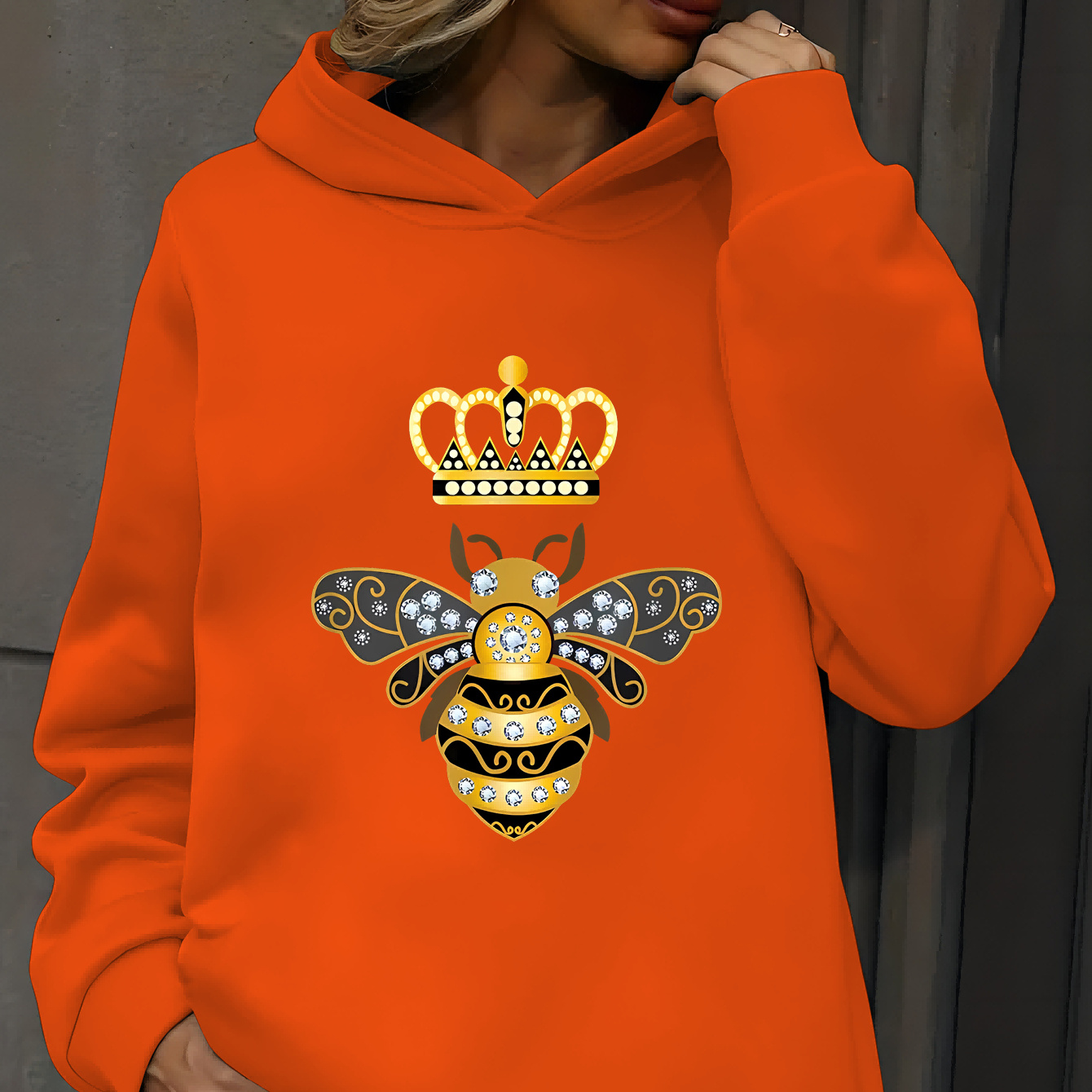 

Bee & Crown Print Pullover Hoodie, Casual Long Sleeve Sweatshirt For Fall & Winter, Women's Clothing