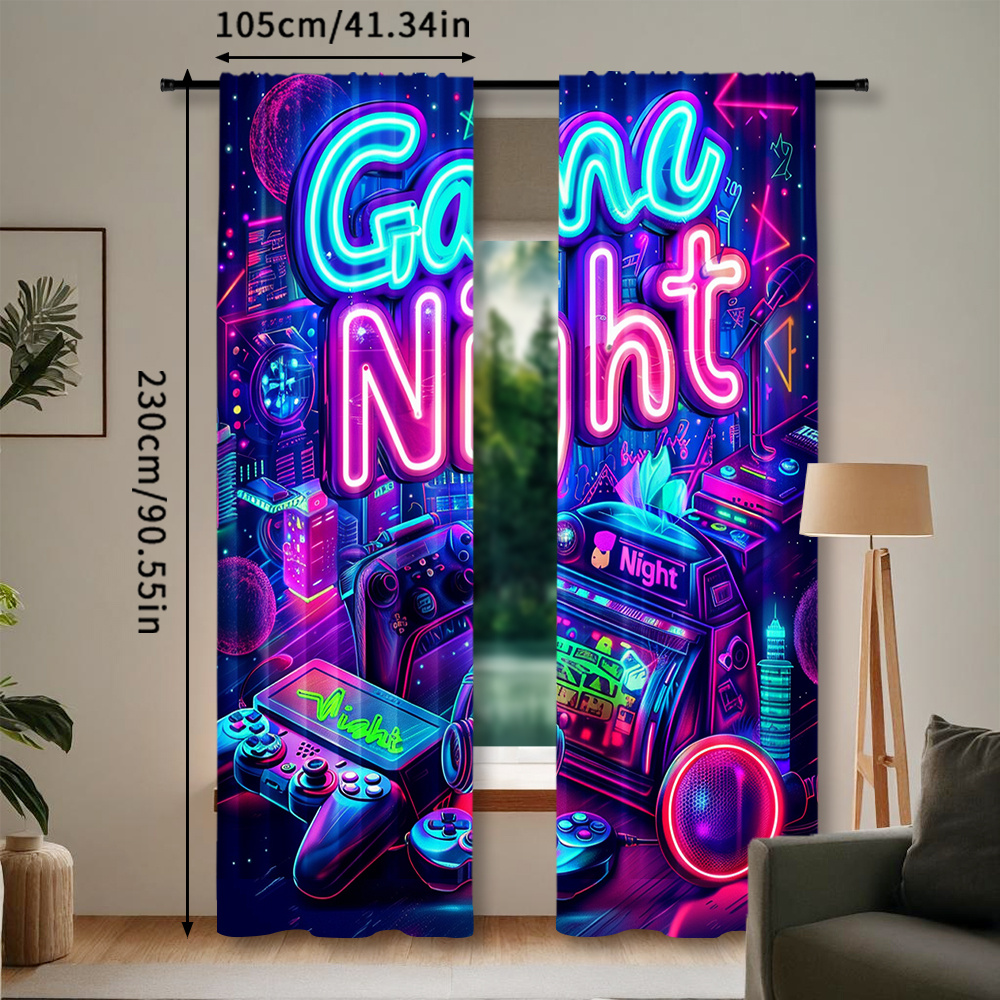 TEMU Game Night Neon Themed Curtains 2 Panels Set, Vibrant Virtual Reality Print Drapes, Semi-sheer Polyester Pongee Rod Pocket Window Treatments,
