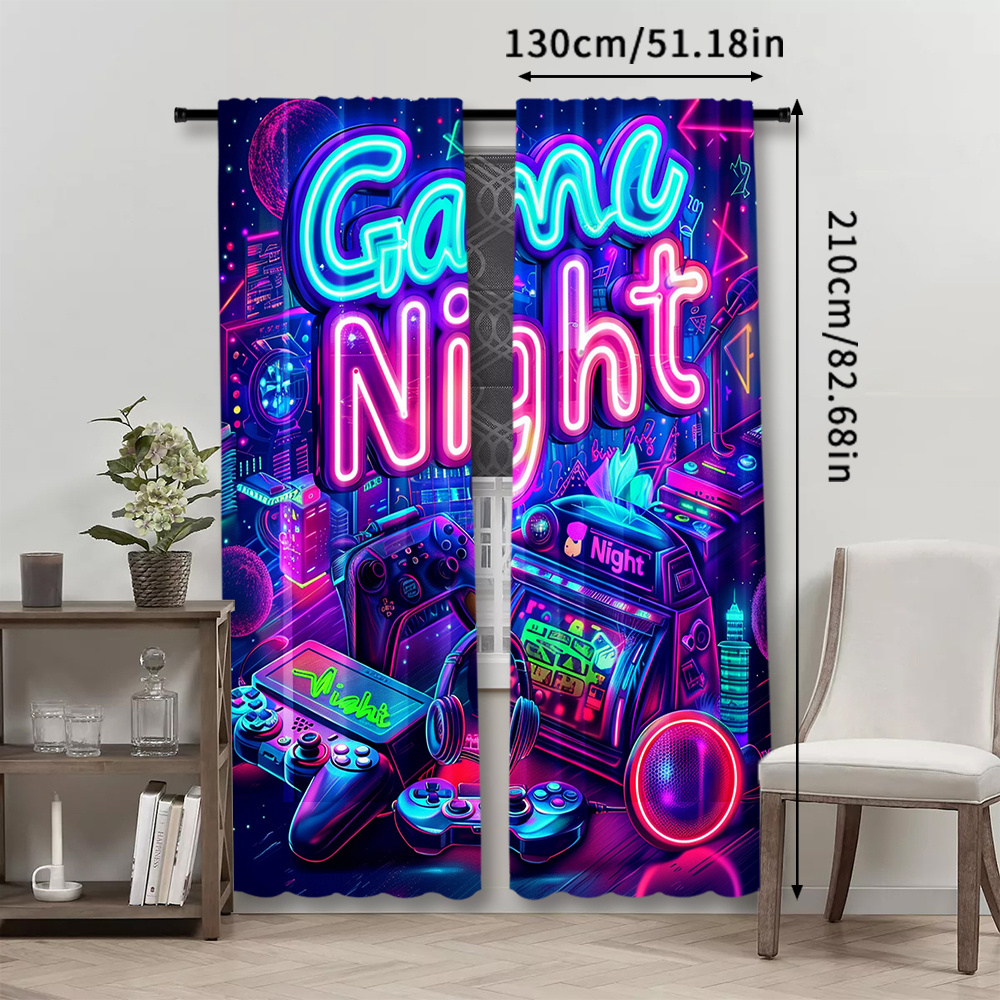 TEMU Game Night Neon Themed Curtains 2 Panels Set, Vibrant Virtual Reality Print Drapes, Semi-sheer Polyester Pongee Rod Pocket Window Treatments,