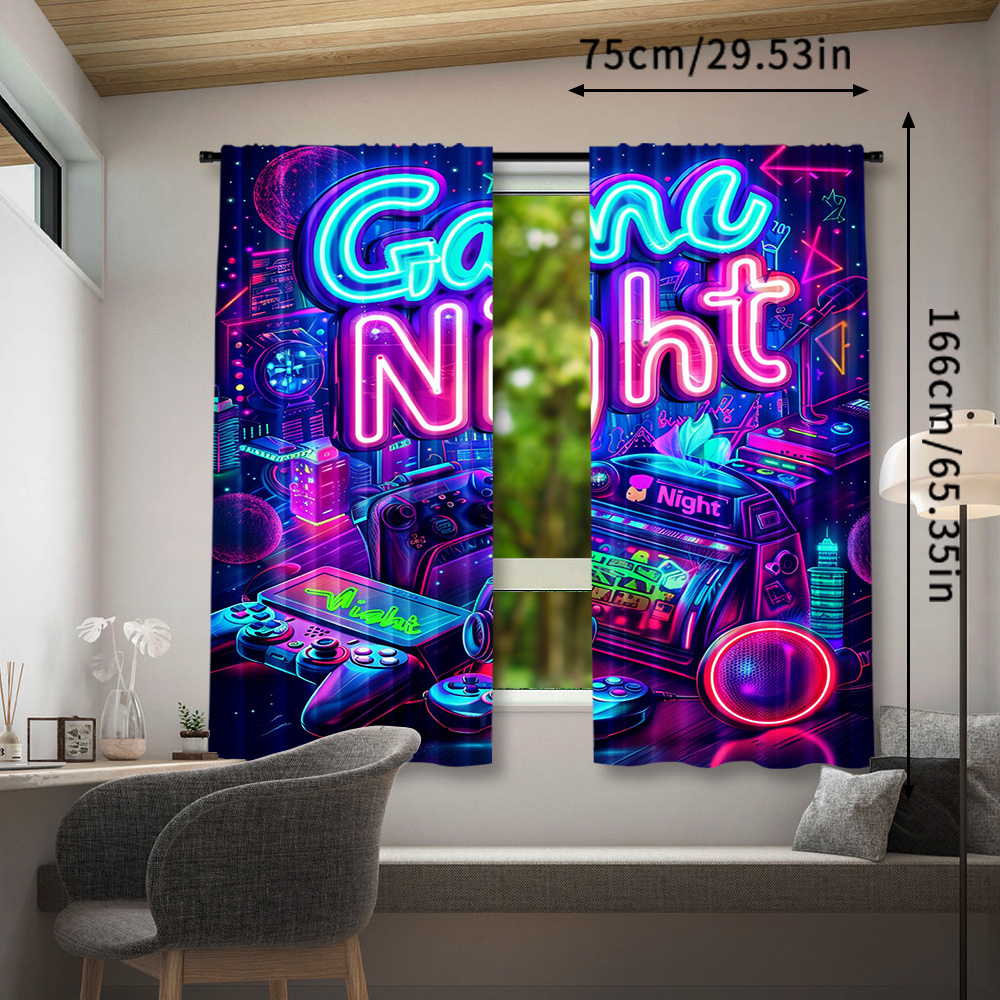 TEMU Game Night Neon Themed Curtains 2 Panels Set, Vibrant Virtual Reality Print Drapes, Semi-sheer Polyester Pongee Rod Pocket Window Treatments,