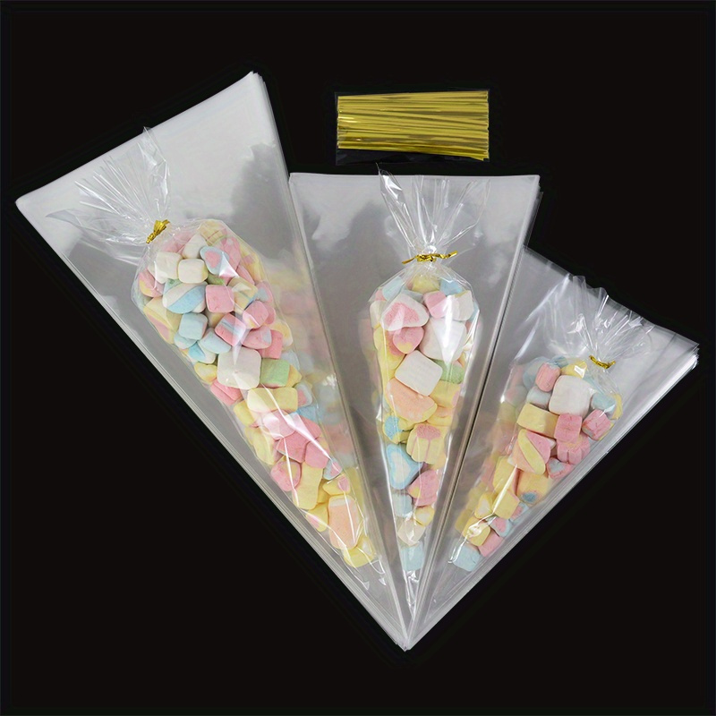 

50pcs Clear Cone-shaped Bags With Twist Ties - Plastic Cellophane Gift Bags For Candy, Popcorn, Cookies - Wedding, Birthday, Party Favors, Christmas Packaging Supplies