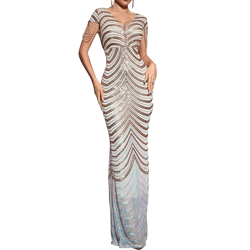 Women's V-Neck Sequin Mermaid Evening Gown - Long Beaded Tassel Sleeve Party Dress (Black & Silver, XL) - View #12